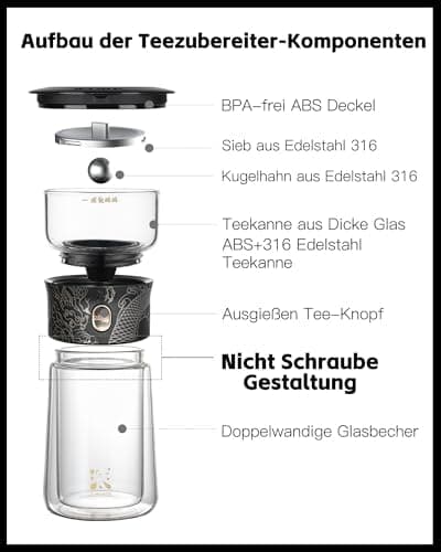 ZENS Modern Teekanne Glas mit Sieb für Teeliebhaber in Portable Tea Maker mit Isolierbecher