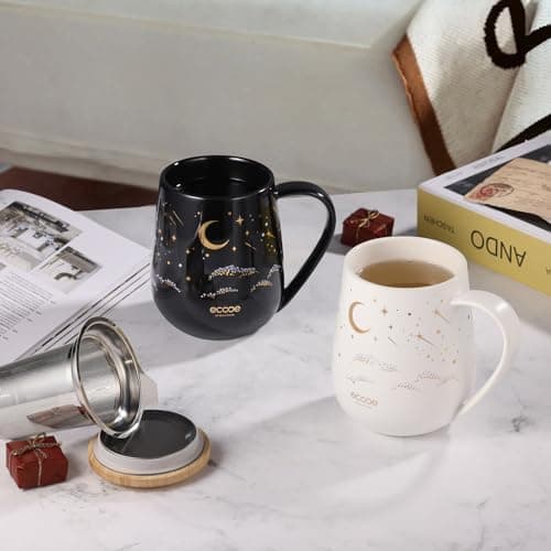 Ecoe Teetasse mit Deckel und Sieb - 600 ml Keramik Teetasse mit Edelstahl Sieb und Deckel, Schwarz Keramik Teebecher Set