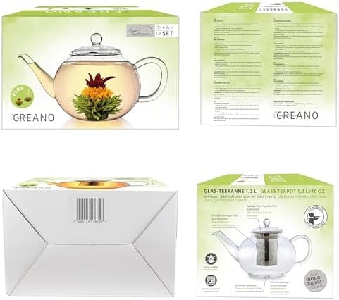 Teekanne Glas Creano 1,2l - 2 Teeblumen - Tropffrei - Gastro-Geschenk