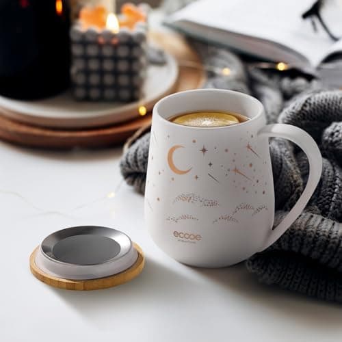 Ecoe Teetasse mit Deckel und Sieb - 600 ml Keramik Teetasse mit Edelstahl Sieb und Deckel, Schwarz Keramik Teebecher Set
