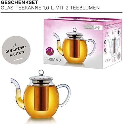 Teekanne Glas Creano 1,2l - 2 Teeblumen - Tropffrei - Gastro-Geschenk
