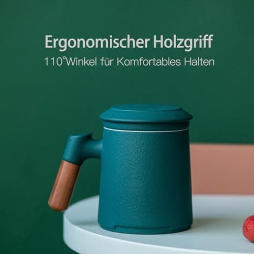 ZENS Teetasse mit Deckel und Sieb Geschenke für Teeliebhaber Matte Keramik 360 ml Holzgriff