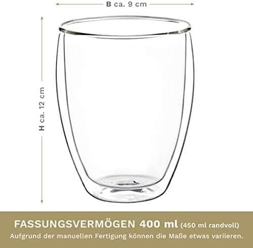 Creano Doppelwandiges Thermoglas für Männer und Frauen | Extra Großes Hitzebeständiges Kaffeeglas/Teeglas | 400ml inkl.