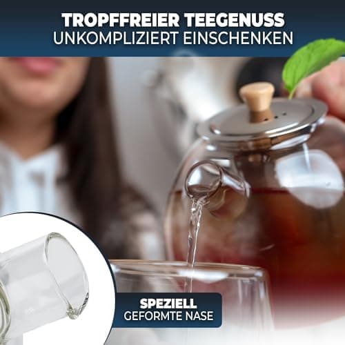 Teekanne mit Siebeinsatz - 1,5 Liter, verstärkte Glasstärke, ideal für Familie und Freunde, für jeden Tag nutzbar, mit S