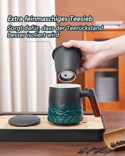 ZENS Teetasse mit Deckel und Teesieb für Tee Liebhaber bei\viewschiebung und Atemluft, 450ml, Große Holzgriff Matte Kera