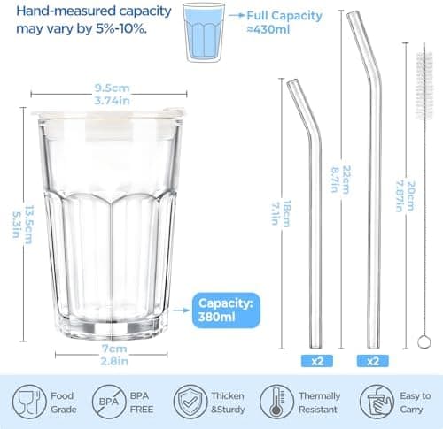 Ecooe 2 Stück Glasbecher mit Deckel und Strohhalm für Matcha Latte und Cocktails 380ml Wasserdichte Kaffeegläser