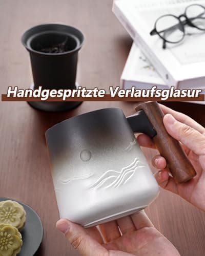 ZENS Teetasse mit Deckel und Teesieb für Tee Liebhaber bei\viewschiebung und Atemluft, 450ml, Große Holzgriff Matte Kera