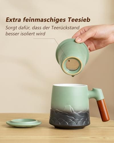 ZENS Teetasse mit Deckel und Teesieb für Tee Liebhaber bei\viewschiebung und Atemluft, 450ml, Große Holzgriff Matte Kera