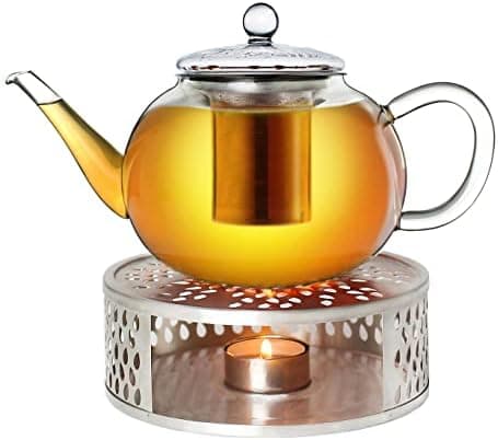 Creano Glas Teekanne 1,2l + Edelstahl Stövchen, ideal für Teezubereitung mit Losen Blüten