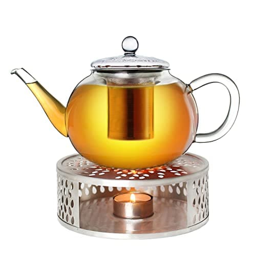 Creano Glas Teekanne 1,2l + Edelstahl Stövchen, ideal für Teezubereitung mit Losen Blüten