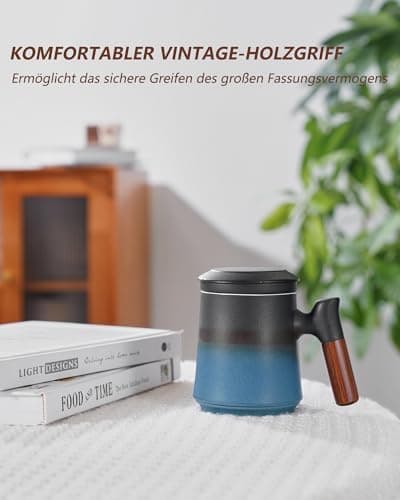 ZENS Teetasse mit Deckel und Teesieb für Tee Liebhaber bei\viewschiebung und Atemluft, 450ml, Große Holzgriff Matte Kera
