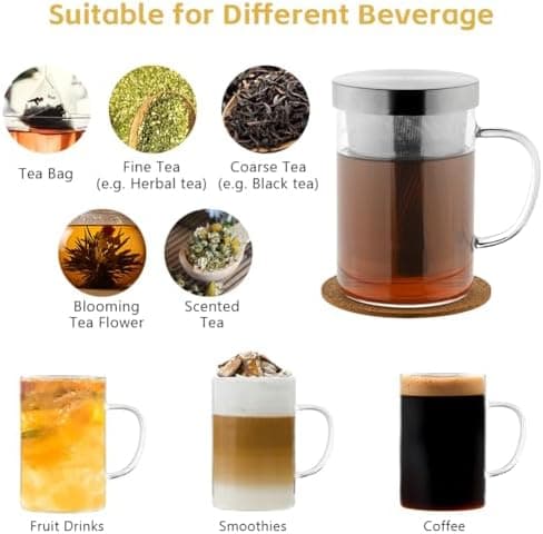 Grosser Teetee Becher mit Edelstahl Sieb und Deckel, 500ml Borosilikat Teeglas für Blumentee
| Borosilikat Teetasse mit