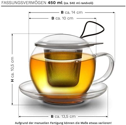 Creano JUMBO Tee-Tasse XXL aus Glas mit Henkel und integriertem Edelstahlsieb für Feierabend │ leicht transportationfähi