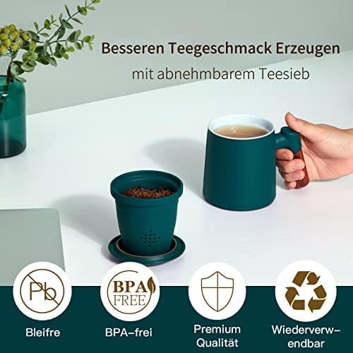 ZENS Teetasse mit Deckel und Sieb Geschenke für Teeliebhaber Matte Keramik 360 ml Holzgriff