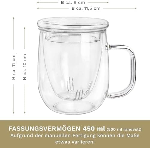 Creano Teeglas All-In-One, große Teetasse mit Sieb und Deckel aus Glas für Tee liebende Frauen und Männer bei jeder Gele