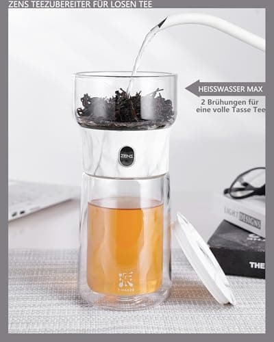 ZENS Modern Teekanne Glas mit Sieb für Teeliebhaber in Portable Tea Maker mit Isolierbecher