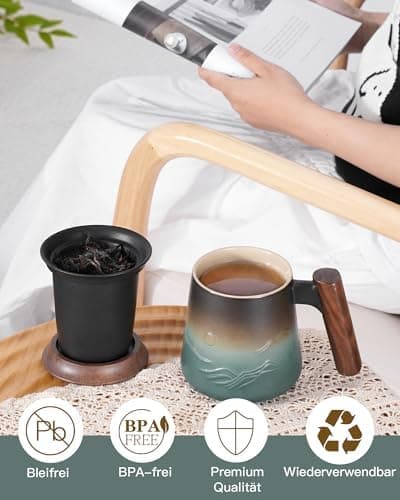 ZENS Teetasse mit Deckel und Teesieb für Tee Liebhaber bei\viewschiebung und Atemluft, 450ml, Große Holzgriff Matte Kera