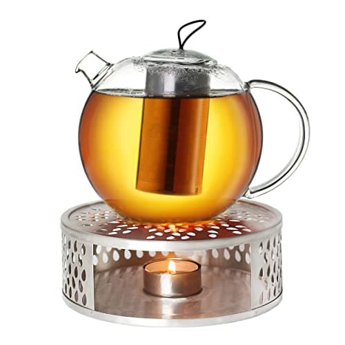 Creano Glas Teekanne 1,2l + Edelstahl Stövchen, ideal für Teezubereitung mit Losen Blüten