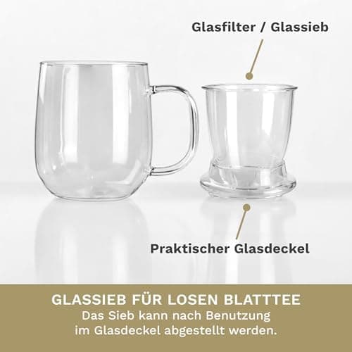 Creano Teeglas All-In-One, große Teetasse mit Sieb und Deckel aus Glas für Tee liebende Frauen und Männer bei jeder Gele