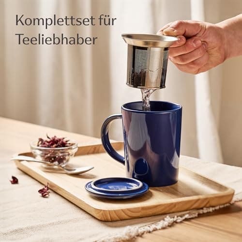 Cosumy Keramik Teetasse mit Sieb und Deckel - Hält lange warm - Spülmaschinenfest - Ideal für Tagesgebrauch - 400ml