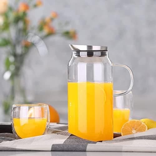Eeco Glaskaraffe 1,5 Liter Edelstahldeckel Karaffe, ideal für Heißes und Kaltes Wasser, Getränke Büchse, Saft, Milch, Te