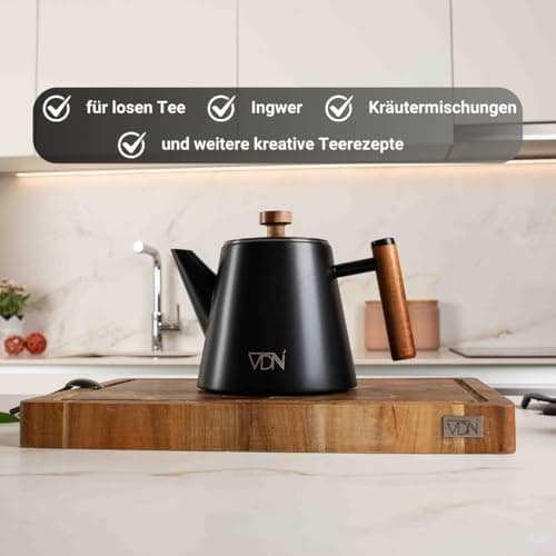VDN Teekanne mit Siebeinsatz für 5-6 Tassen - Doppelwandig Edelstahl, 1L - Thermowarm bis zu 1h - Teebereiter für losen