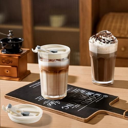 Ecooe 2 Stück Glasbecher mit Deckel und Strohhalm für Matcha Latte und Cocktails 380ml Wasserdichte Kaffeegläser