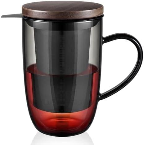 EcoOE 440 ml Borosilikat Teetasse mit Ultrafein Edelstahl Sieb und Natürlicher Bambus Deckel für Koffeinfreie Getränke