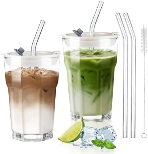 Ecooe 2 Stück Glasbecher mit Deckel und Strohhalm für Matcha Latte und Cocktails 380ml Wasserdichte Kaffeegläser