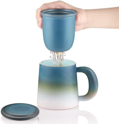 Ecoe TEETASSE Mit Teesieb Und Deckel, 420ml Keramik Tasse Für Losen Tee Große Teetassen Schwarz Und Weiß Gradienten Teeb