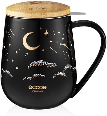 Ecoe Teetasse mit Deckel und Sieb - 600 ml Keramik Teetasse mit Edelstahl Sieb und Deckel, Schwarz Keramik Teebecher Set