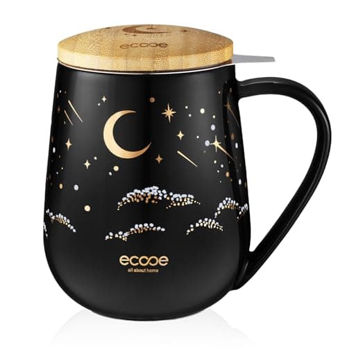 Ecoe Teetasse mit Deckel und Sieb - 600 ml Keramik Teetasse mit Edelstahl Sieb und Deckel, Schwarz Keramik Teebecher Set