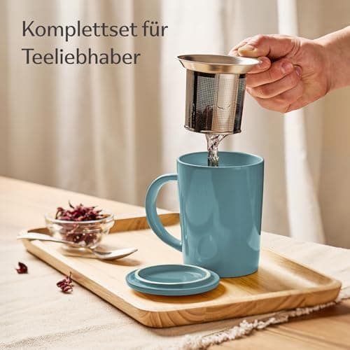 Cosumy Keramik Teetasse mit Sieb und Deckel - Hält lange warm - Spülmaschinenfest - Ideal für Tagesgebrauch - 400ml