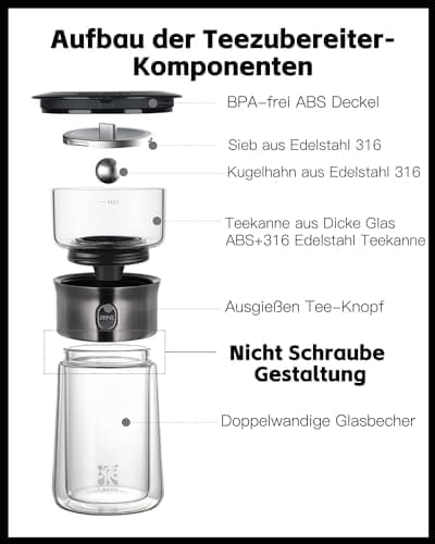ZENS Modern Teekanne Glas mit Sieb für Teeliebhaber in Portable Tea Maker mit Isolierbecher
