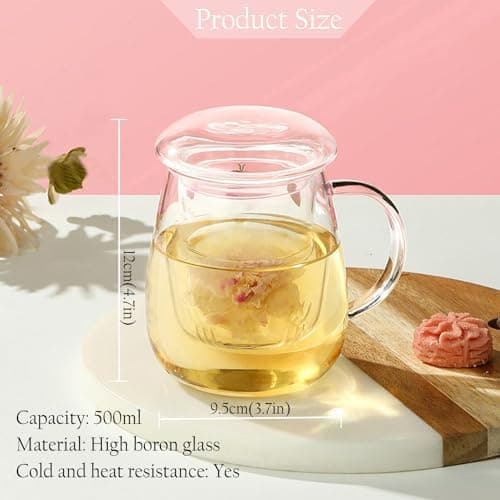 Borosilikatglas Teetasse mit Deckel und Sieb für Loser Tee
| Doppelwandige Glas Teetasse Groß 500ml für Blütentee
| Nie