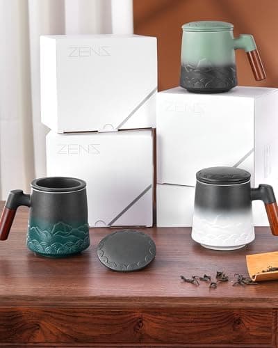 ZENS Teetasse mit Deckel und Teesieb für Tee Liebhaber bei\viewschiebung und Atemluft, 450ml, Große Holzgriff Matte Kera