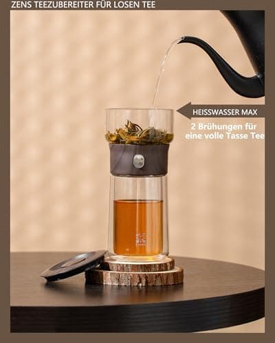 ZENS Modern Teekanne Glas mit Sieb für Teeliebhaber in Portable Tea Maker mit Isolierbecher