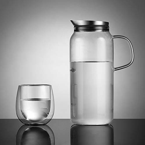 Eeco Glaskaraffe 1,5 Liter Edelstahldeckel Karaffe, ideal für Heißes und Kaltes Wasser, Getränke Büchse, Saft, Milch, Te