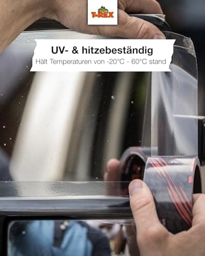 T-Rex Wetterfestes Transparentes Klebeband 48mm x 25m – Extra Stark für Indoor & Outdoor – UV-Fest – Ideal für Markisen-