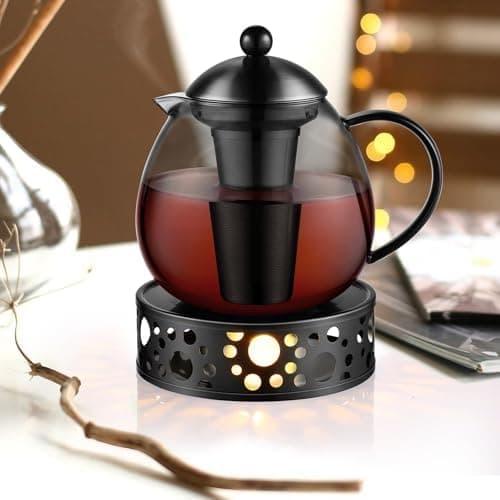 Glastal Schwarzes Teekännchen 1500ml Edelstahl Sieb Borosilicatglas geeignet für Teewärmertop