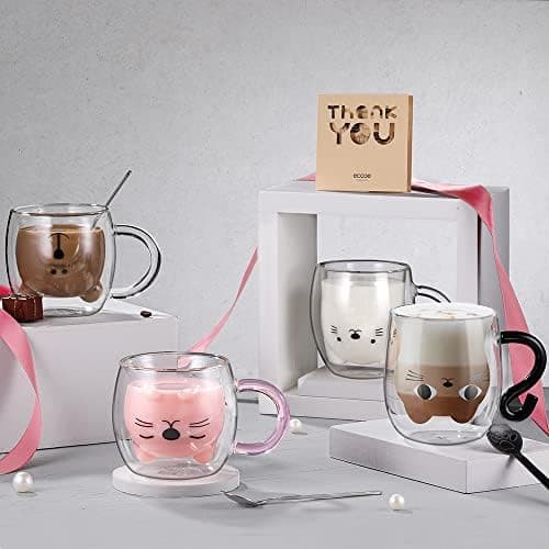 Ecooe Katzen Tasse Süße Doppelwandige Gläser Geburtstag Geschenke für Frauen
