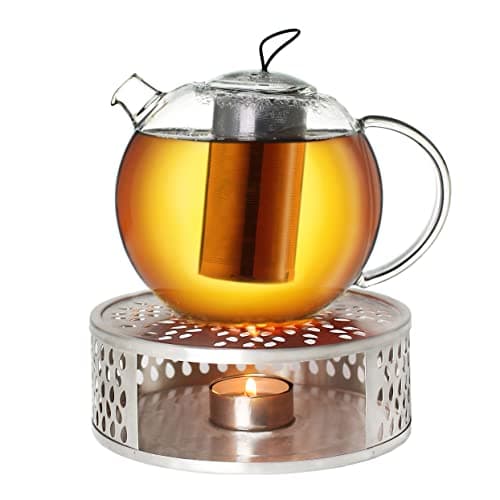 Creano Glas Teekanne 1,2l + Edelstahl Stövchen, ideal für Teezubereitung mit Losen Blüten