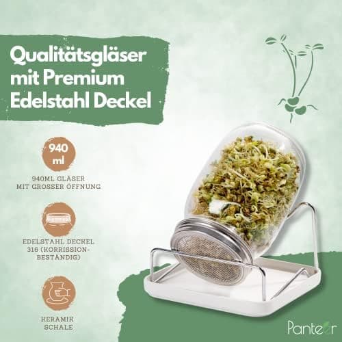 Sprossenglas Keimglas 940ml Premium Edelstahl Deckel - Für Sprossen & Sprossenzucht - Keimglas mit Keramikschale und Met