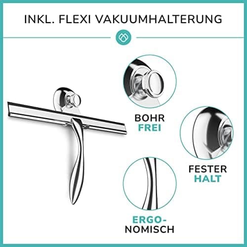 Edelstahl Duschabzieher extra breit 30,5 cm mit Silikonrand für Dusche - Edelstahl Duschabzieher inkl. Saugnapf Griff oh