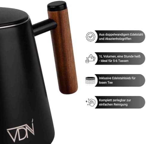 VDN Teekanne mit Siebeinsatz für 5-6 Tassen - Doppelwandig Edelstahl, 1L - Thermowarm bis zu 1h - Teebereiter für losen