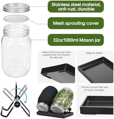 2er-Pack Keimglas Sojasprossen, 1000-ml-Keimglas mit 2 verstellbaren Ständern, Samenkeimgläser