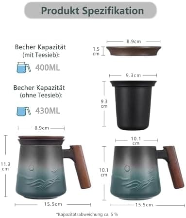 ZENS Teetasse mit Deckel und Teesieb für Tee Liebhaber bei\viewschiebung und Atemluft, 450ml, Große Holzgriff Matte Kera