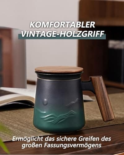 ZENS Teetasse mit Deckel und Teesieb für Tee Liebhaber bei\viewschiebung und Atemluft, 450ml, Große Holzgriff Matte Kera