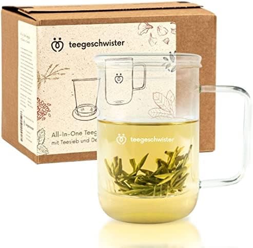 Teeglas mit Sieb und Deckel |(hitzebeständig) | für Liebhaber des Dufthafts und Geschmacks | bei Tee- und Herbservierung