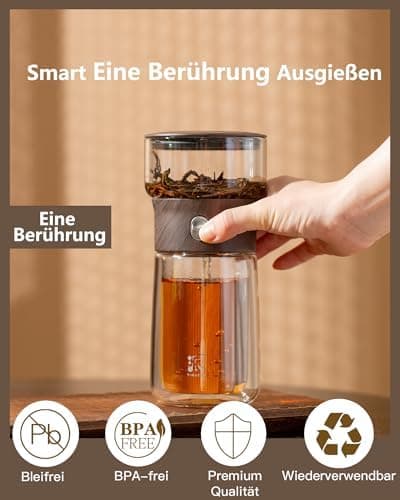 ZENS Modern Teekanne Glas mit Sieb für Teeliebhaber in Portable Tea Maker mit Isolierbecher